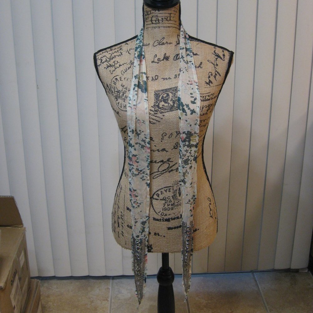 NWOT Express white silver floral beaded skinny scarf wrap sash OS